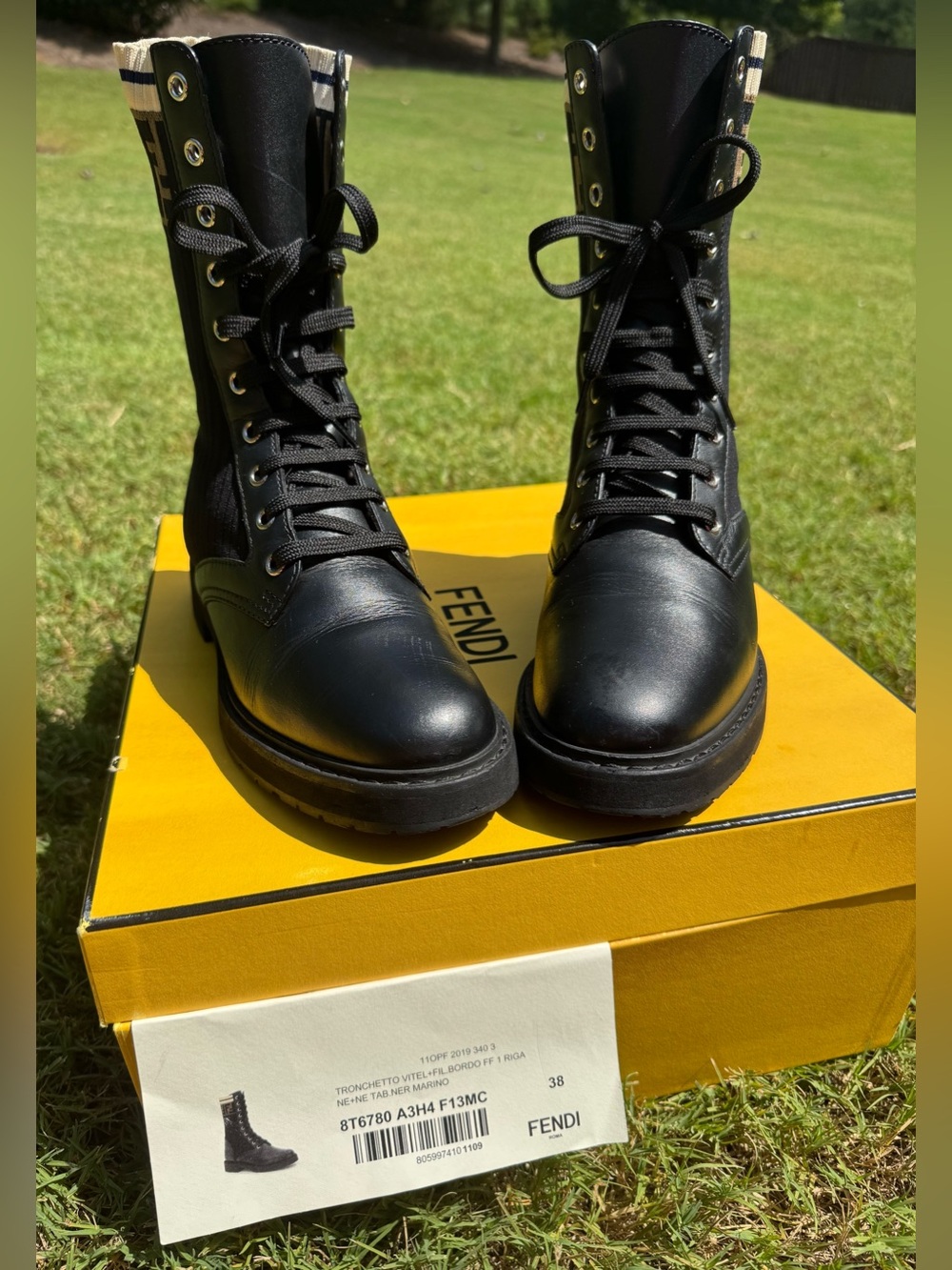 AUTHENTIC FENDI Rockoko FF Logo Combat Boots Black Leather EU 38 - Picture 6 of 17